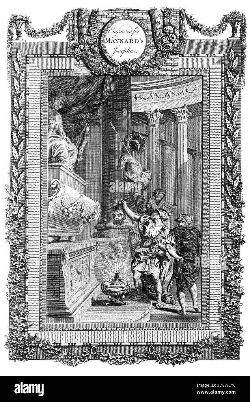 Illustration der Philister, die die Rüstung Sauls im Tempel von Aschtaroth deponieren und König Sauls Kopf vor ihrer Göttin halten, die Vict zeigt Stockfoto