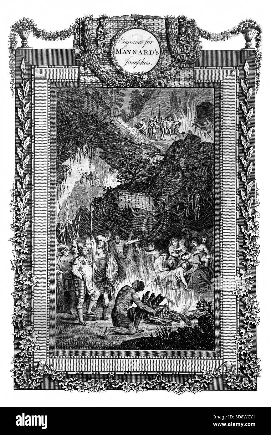 Illustration der flüchtigen Shechemiten, die in den Laderäumen ihres Retreats am Berg Zalmon auf Befehl von König Abimelech (Richter) verbrannt und erstickt wurden Stockfoto