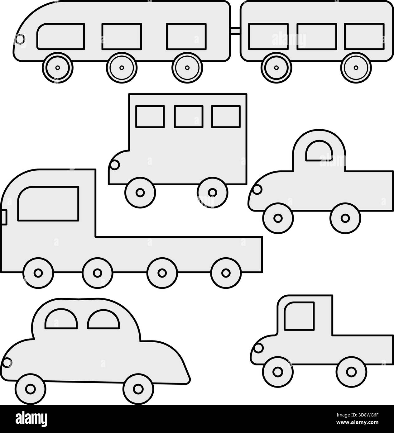 Fahrzeugkollektion im Cartoon-Stil mit Zug, Bus, Lkw, Limousine und Auto in vereinfachter schwarz-weißer Seitenansicht für pädagogische Zwecke Stock Vektor
