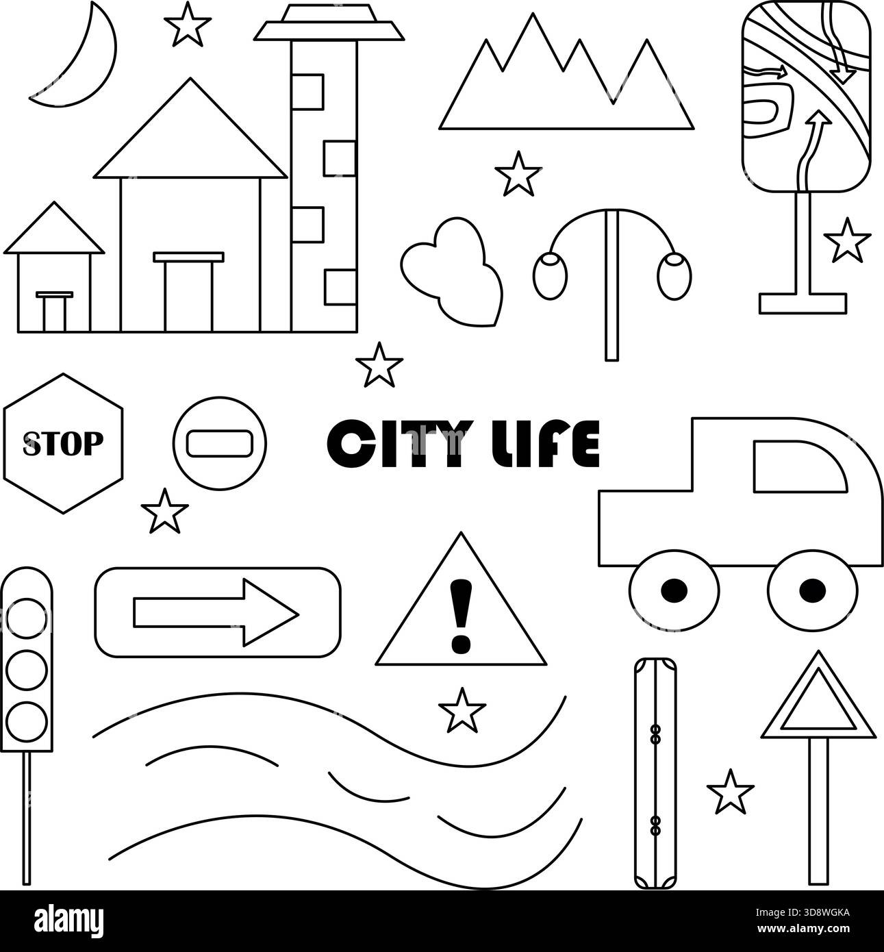 Schwarz-weiße städtische Collage mit Gebäuden, Verkehrsschildern, Straßenelementen und himmlischen Symbolen, die das dynamische Stadtleben und die Infrastruktur veranschaulichen Stock Vektor