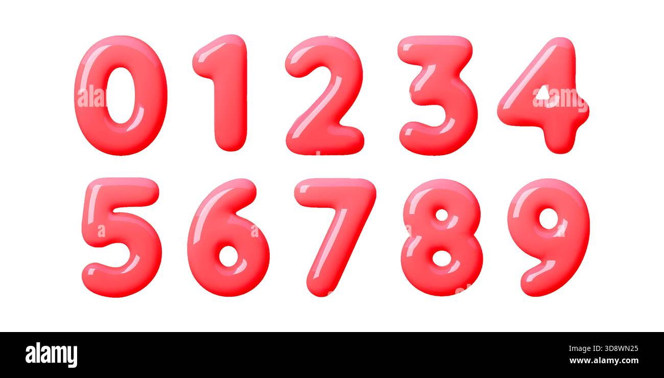 Verspieltes, glänzendes 3D-Set in leuchtendem Ballon. Weiche, aufgeblähte Ziffern mit glänzender Bonbons-Textur. Saubere rote Formen und glatte 3D-Zahlenformulare Stock Vektor