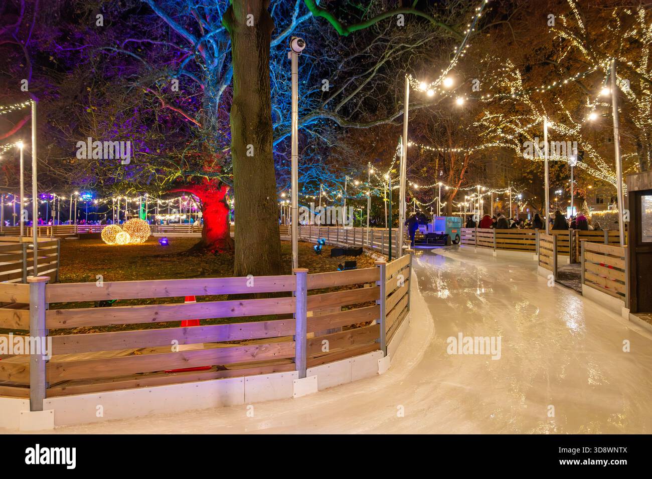 Wiener Eistraum, eine große, beliebte Eislaufbahn im Freien, die während der Wintermonate am Wiener Rathausplatz eingerichtet wurde. Stockfoto