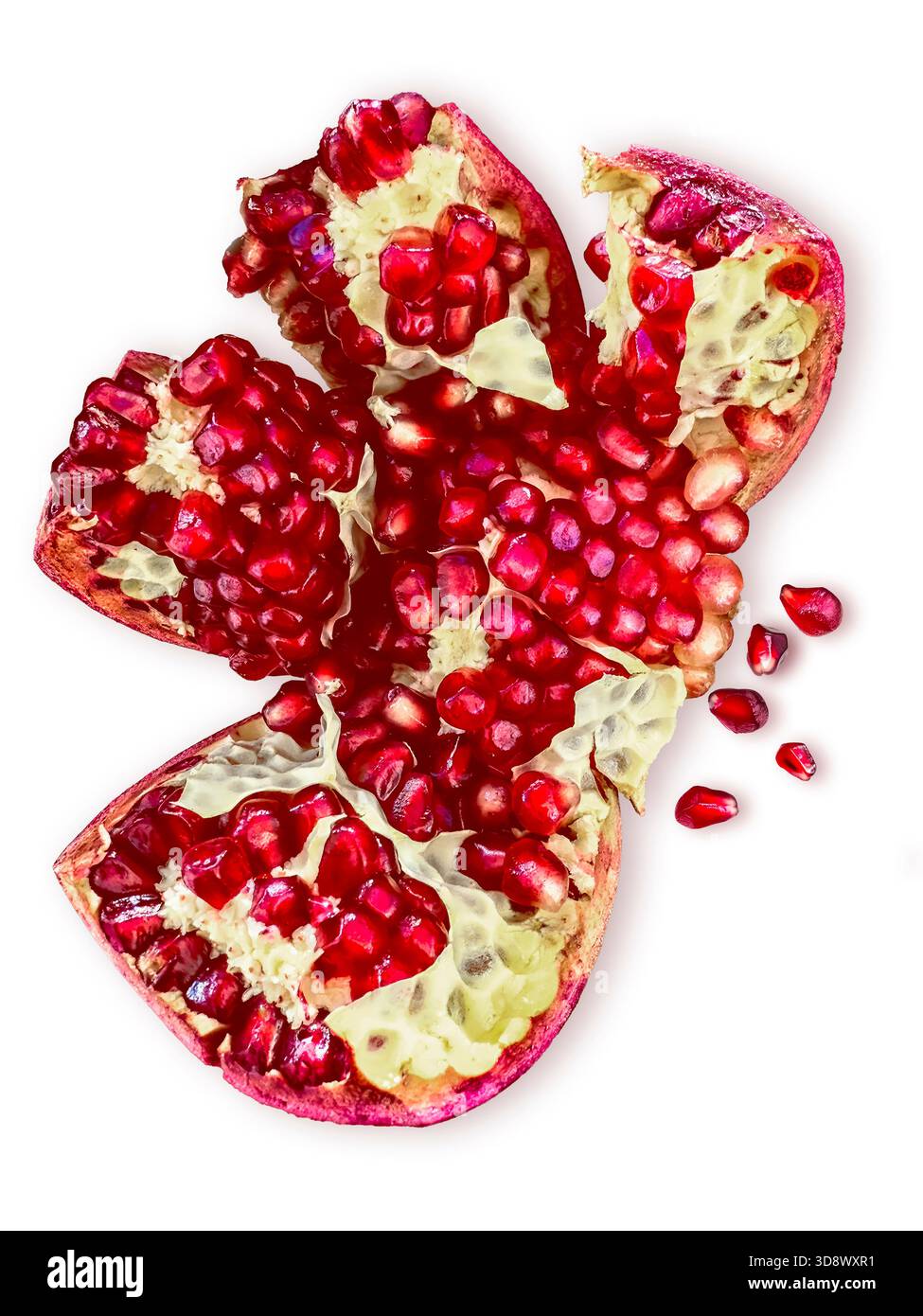 Frischer reifer Granatapfel, offen geschnitten und isoliert auf weißem Hintergrund Stockfoto