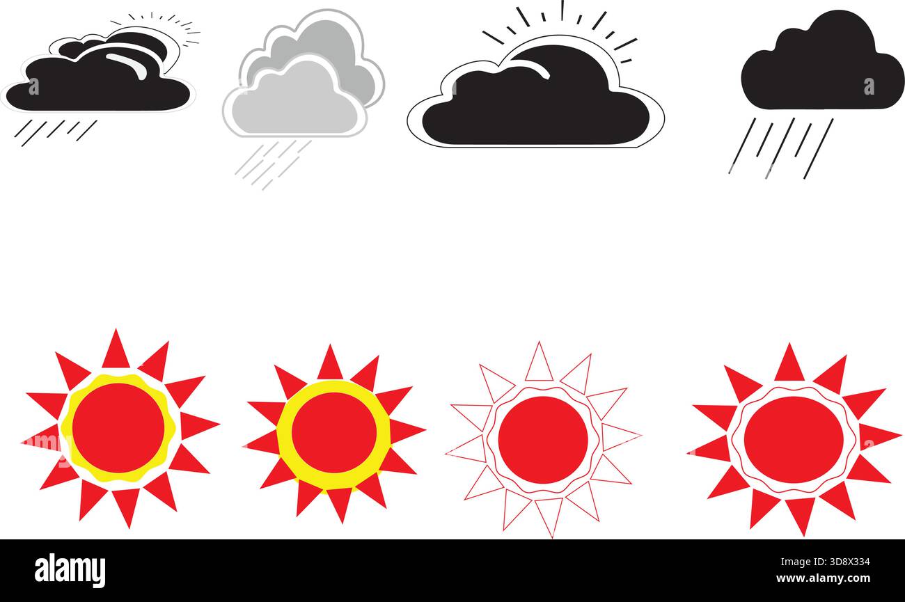 Sammlung verschiedener Symbole für Wetterbedingungen und auffällige Sonnensymbole, die für Grafikprojekte geeignet sind, einschließlich Prognosediagrammen und Mobilgeräten Stock Vektor
