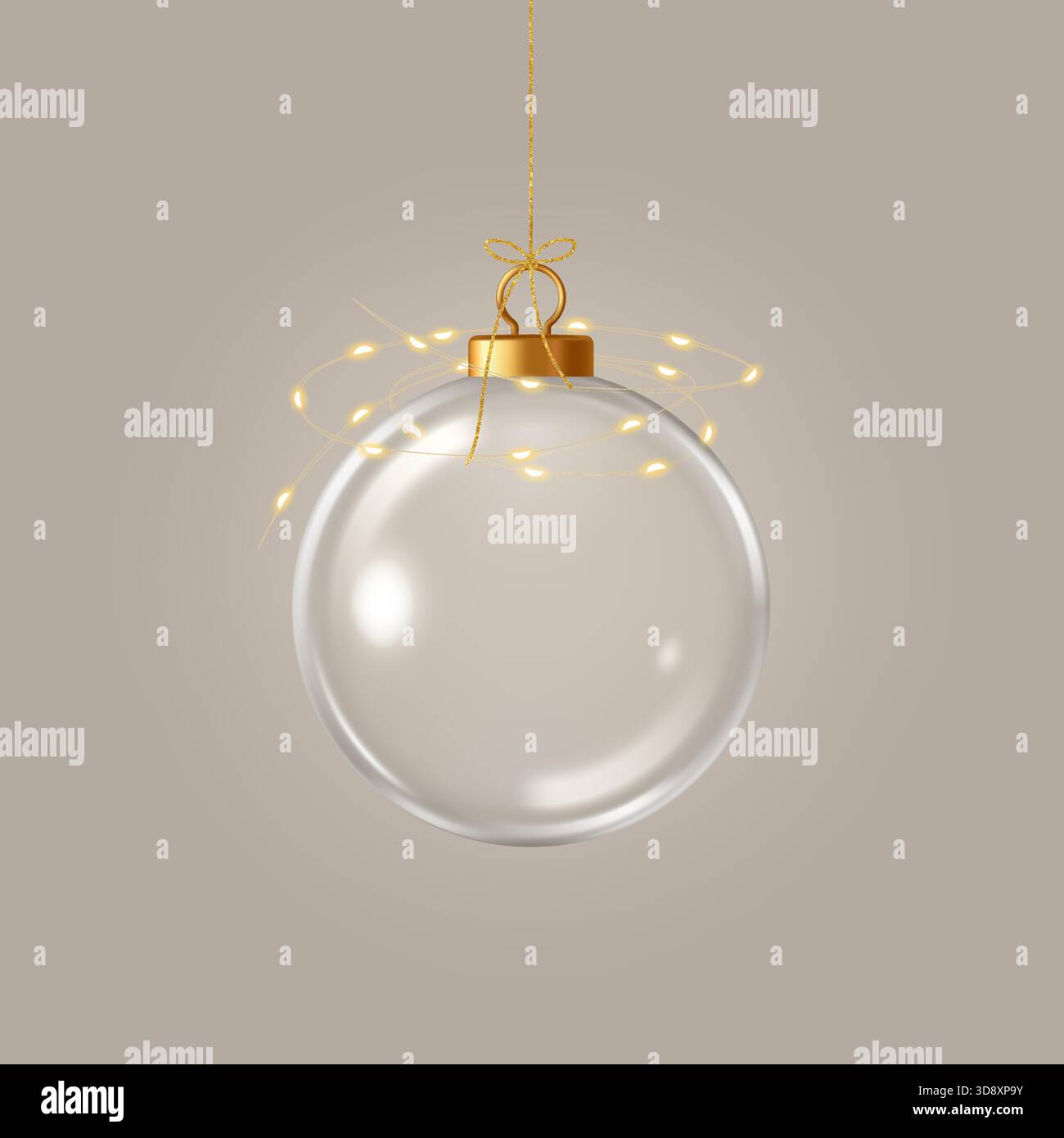 Weihnachtsschmuck aus transparentem Glas hängt an einem goldenen Faden. Realistische 3D-Vektordarstellung Stock Vektor