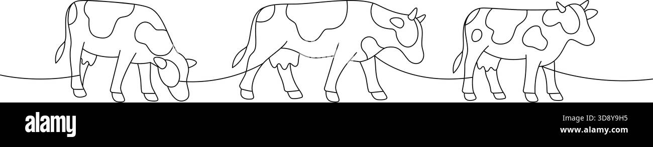 Kühe in verschiedenen Stellungen. Elegante Linienzeichnung mit Weide- und Wanderrindern Stock Vektor