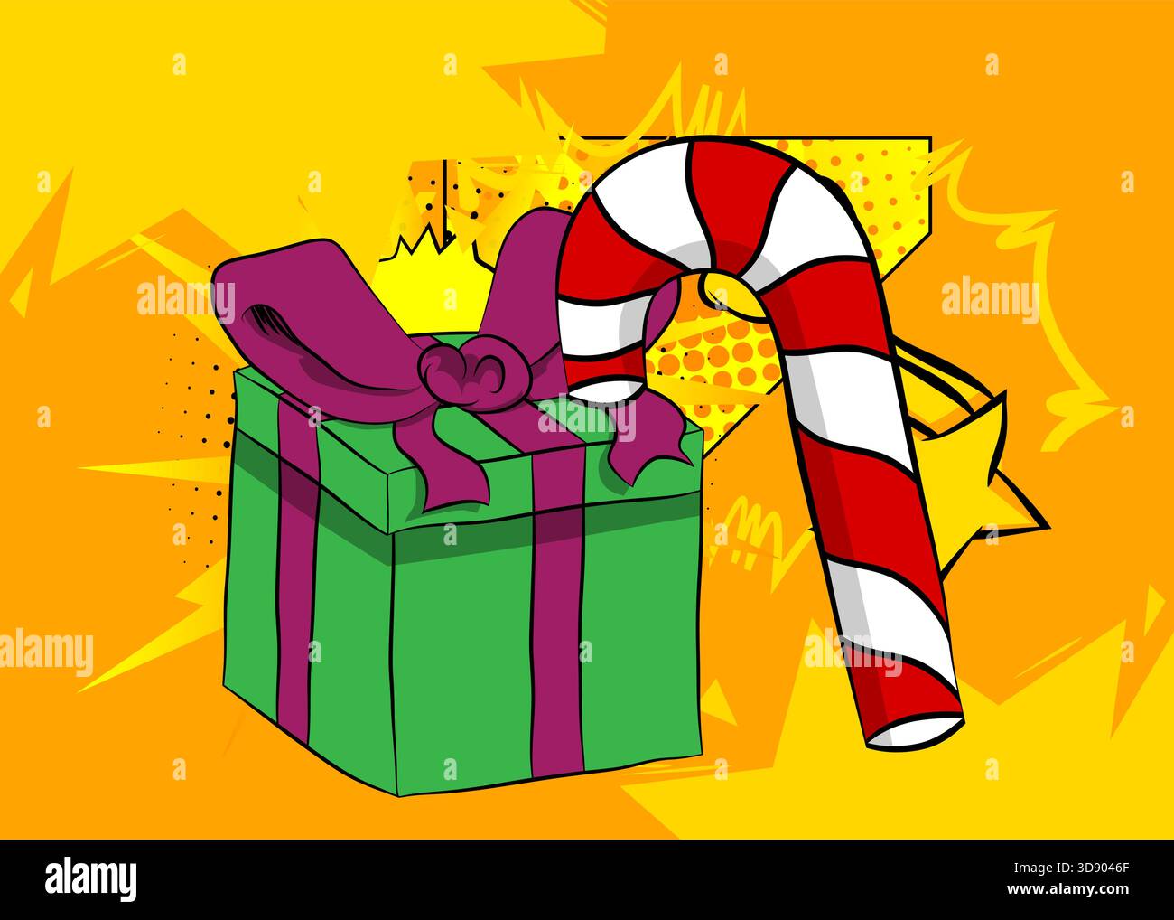 Cartoon Geschenkbox und Zuckerrohr, Comic-Buch Weihnachten. Retro-Vektor-Comics Pop-Art-Design. Stock Vektor