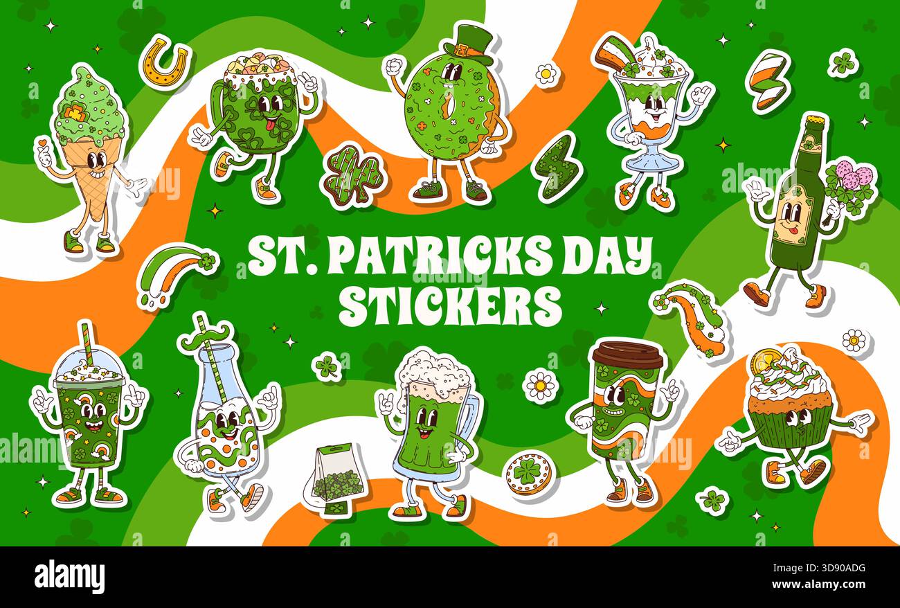 Lustige groovige St. Patrick Day Charaktere von irischen Feiertagsdesserts und Getränken, Comic Vektor. Grooviger Bierkrug aus grünem Bier mit lustigem Gesicht, Donut im Leprechaun Hut mit Saint Patrick Cupcake Charakteren Stock Vektor