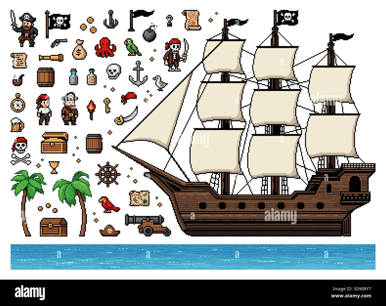 8-Bit-Arcade-Arcade-Spiel Piratenfiguren und -Gegenstände. Vektor-Schatzkarte, Segelschiff, Leuchtturm, Matrosenanker, Holzfass, Lenkrad, Kompass und Schatzkiste, Korsarfiguren Stock Vektor