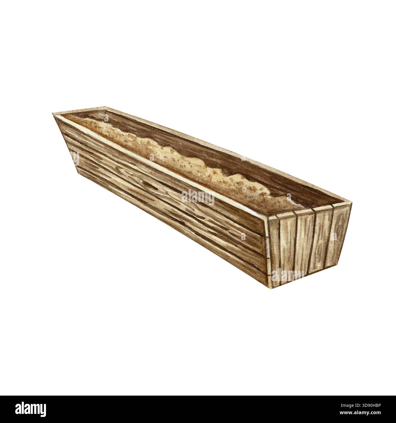 Holzschweinefutter mit Futter. Handgezeichnete Aquarellillustration. Landwirtschaft, landwirtschaftliche Techniken, Tierhaltung und Schweinestall. Element der Konstruktion Stockfoto