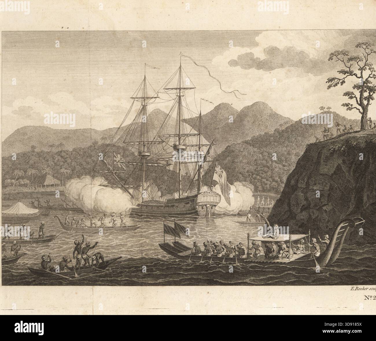 HMS Dolphin unter Captain Samuel Wallis feuerte Grapeshot auf Tahitianer, die in Matavai Bay, Tahiti, angreifen. Die Tahiti-Krieger fahren mit Auslegerkanus oder e-va'a und einem großen Katamaran oder pahi mit erhöhter Plattform und geschnitztem Heck. Die Verluste führten dazu, dass Königin Purea (Oborea) sich ergab und die Engländer an Land willkommen hieß. Nr. 21. Graviert von Edward Rooker. Kupferstich aus John Hawkesworths Bericht über die Reisen, die auf Befehl seiner heutigen Majestät unternommen wurden, um Entdeckungen in der südlichen Hemisphäre, W. Strahan und T. Cadell in the Strand, London, 1773 zu machen. Stockfoto