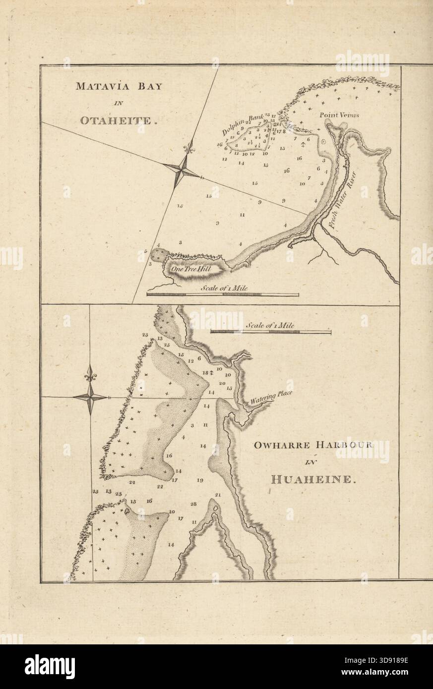 Seekarten von Matavai Bay, Tahiti und Fare Harbour, Huahine, Society Islands. Matavia Bay in Otaheite und Owharre Harbour in Huaheine. Kupferstich aus John Hawkesworths Bericht über die Reisen, die auf Befehl seiner heutigen Majestät unternommen wurden, um Entdeckungen in der südlichen Hemisphäre, W. Strahan und T. Cadell in the Strand, London, 1773 zu machen. Stockfoto