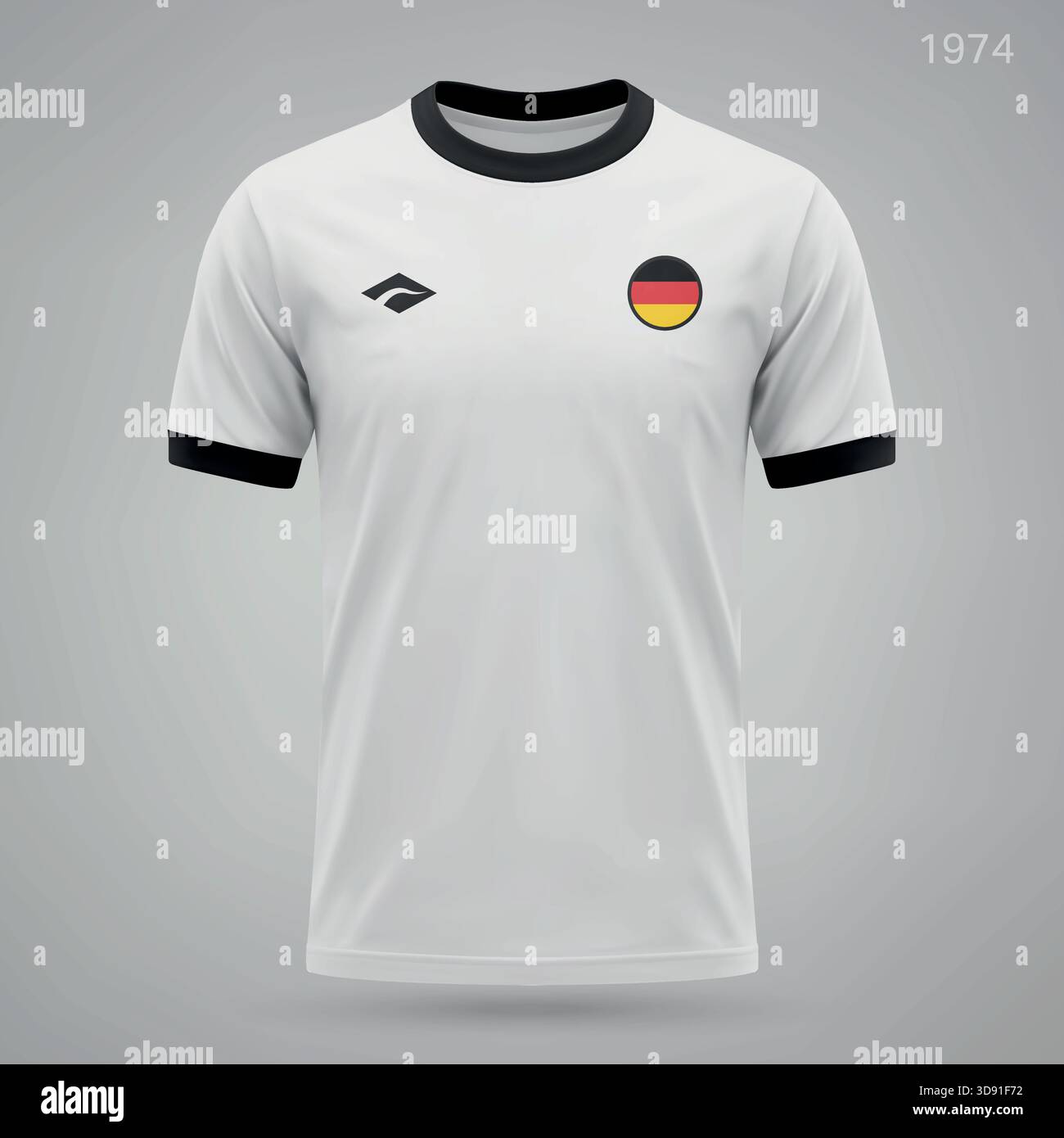 Deutsches Vintage-Fußballtrikot (1974) mit einem sauberen weißen Boden und einem auffälligen schwarzen Kragen. Stock Vektor