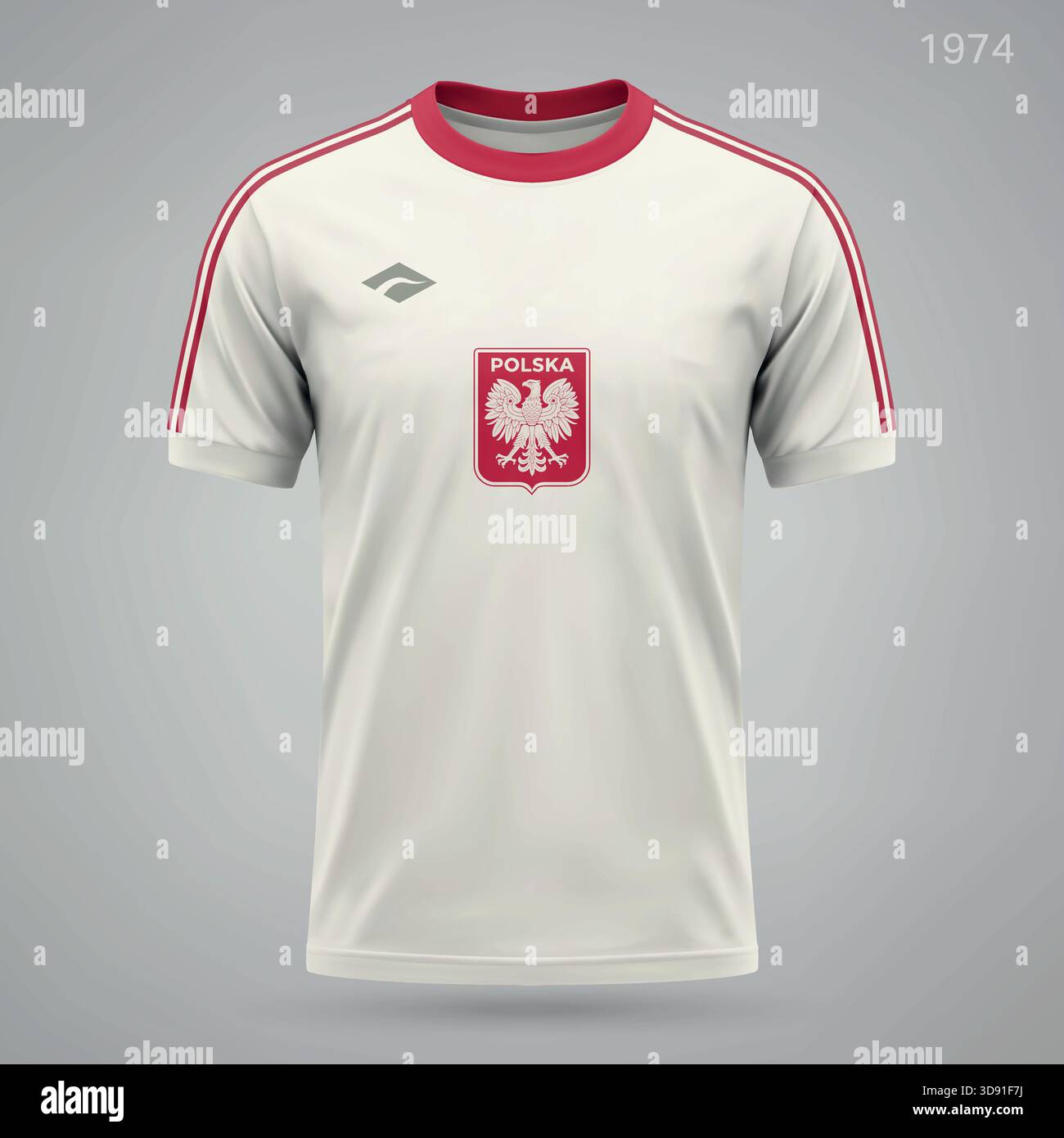 Polens Retro-Fußballtrikot 1974 mit weißem Boden, rotem Kragen und ikonischem Adlerabzeichen auf der Brust. Stock Vektor