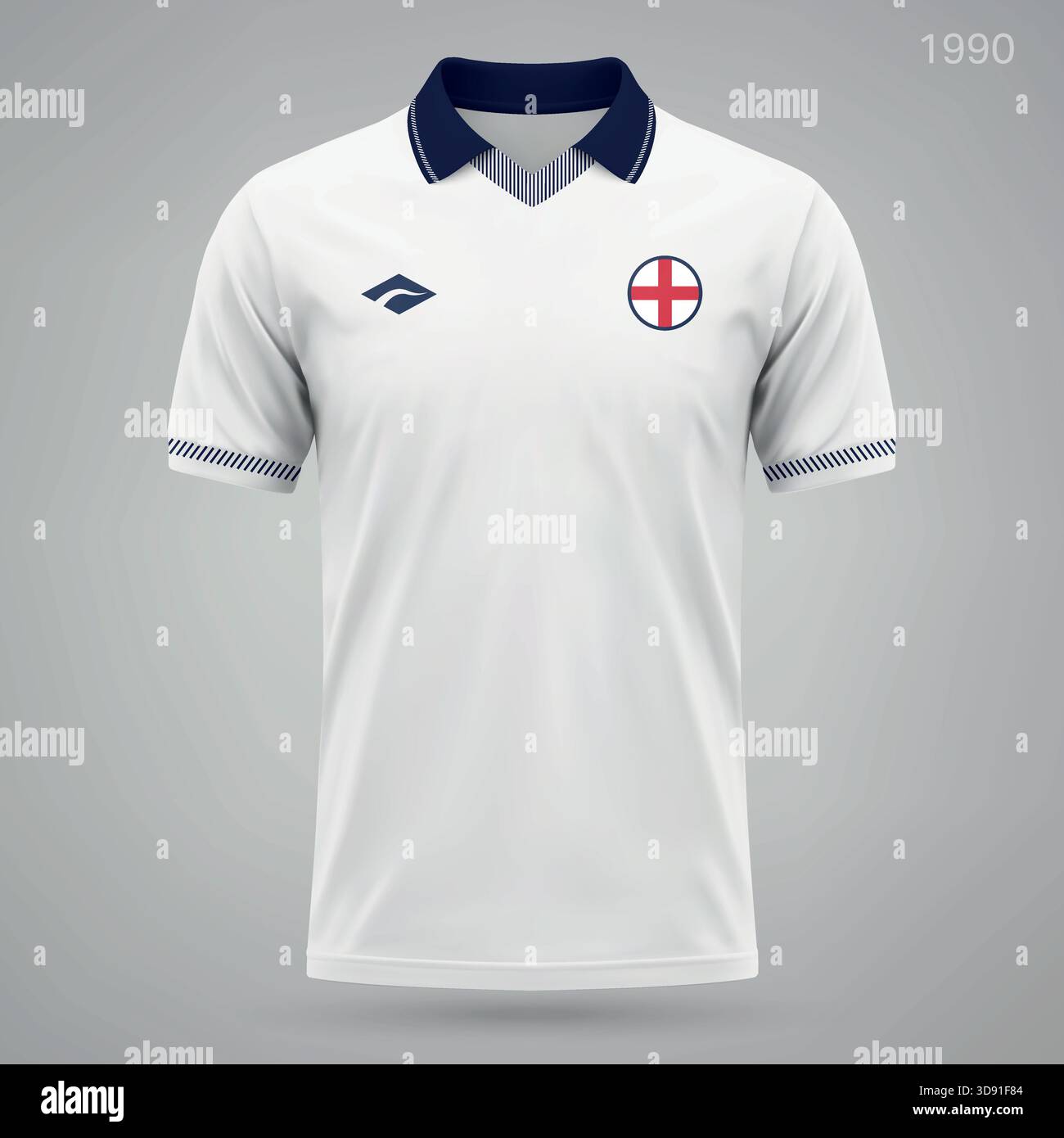 Das England-Fußballtrikot im Retro-1990-Format mit weißem Boden und dunkelmarineblauen Akzenten am Kragen. Stock Vektor
