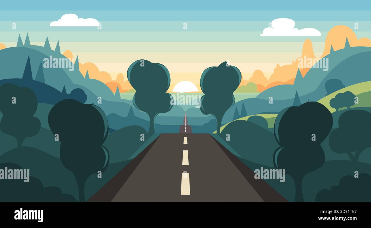 Eine malerische flache Design-Vektor-Illustration einer geraden Autobahn, die in eine geschichtete natürliche Landschaft mit sanften Hügeln und Bäumen führt. Stock Vektor