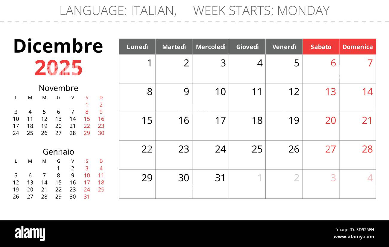 Kalender für Monat dezember 2025. Italienisch. Vektorabbildungen. Für Italien Stock Vektor