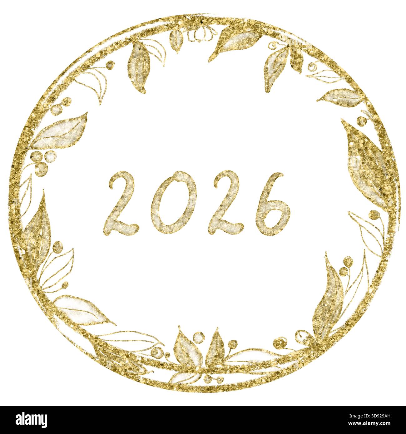 Dekorativer botanischer Kranz mit metallischer Textur, die Zahl 2026, geeignet für Kalender, Planer, Grußkarten, saisonale Designs, Branding Stockfoto
