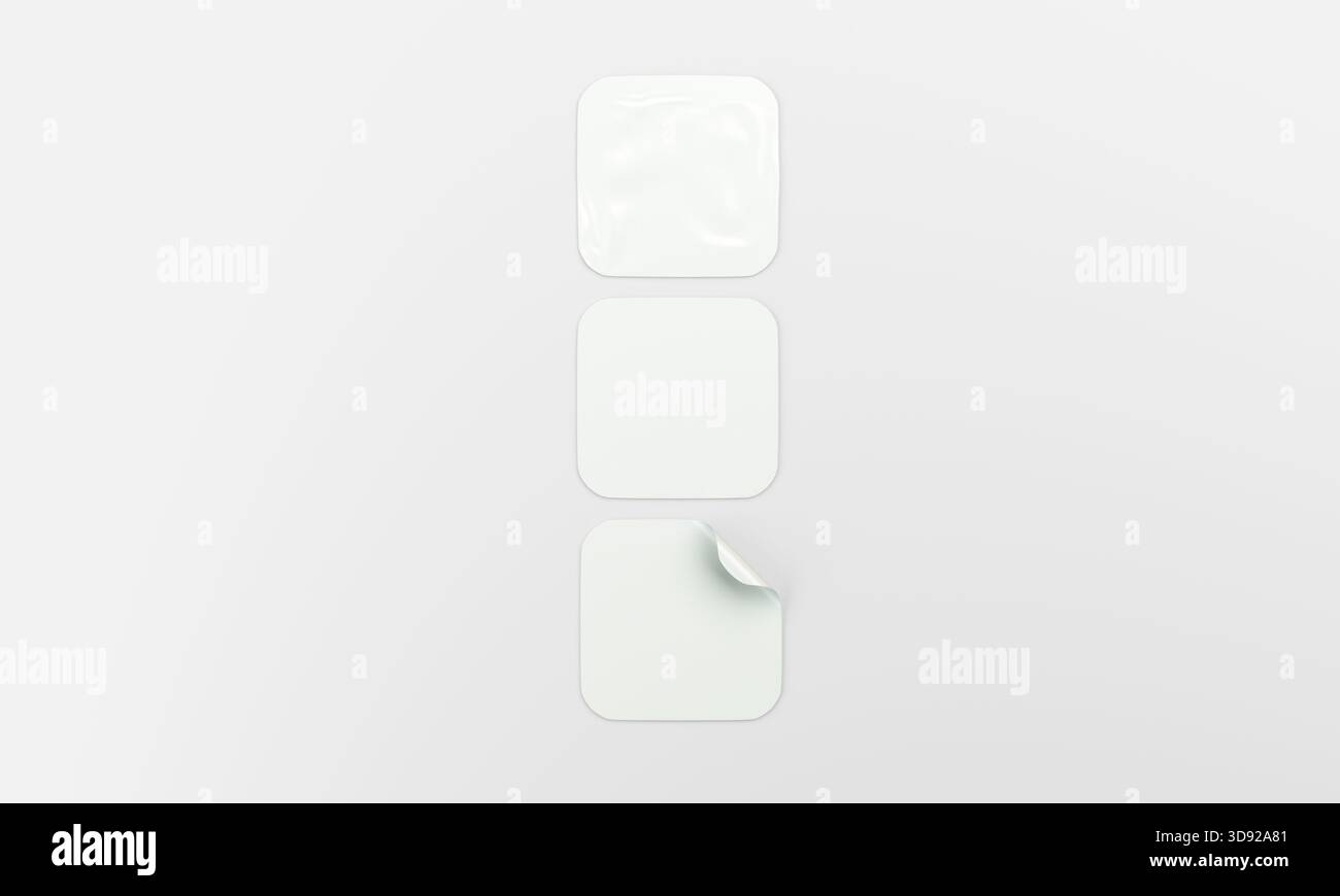 Quadratische Aufkleber mit abgerundeten Ecken isolierter 3D-Rendering-Hintergrund, ein Aufkleber teilweise abgezogen. Stockfoto