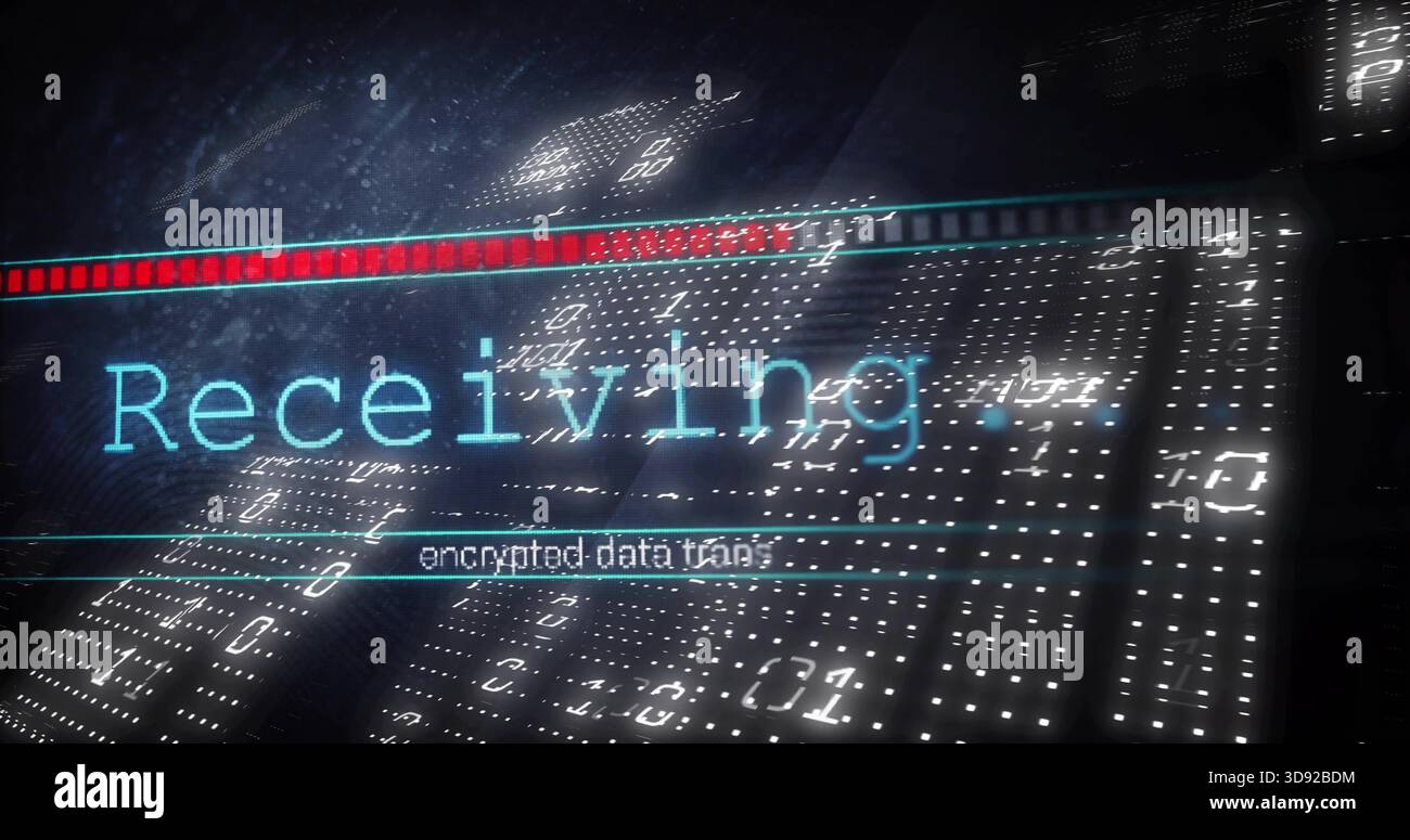 Anzeigen großer zyanfarbener HUD, die auf Netzwerk-HUD empfangen, Anzeige des Fortschrittsbalkens und verschlüsselter Datenverfolgung Stockfoto