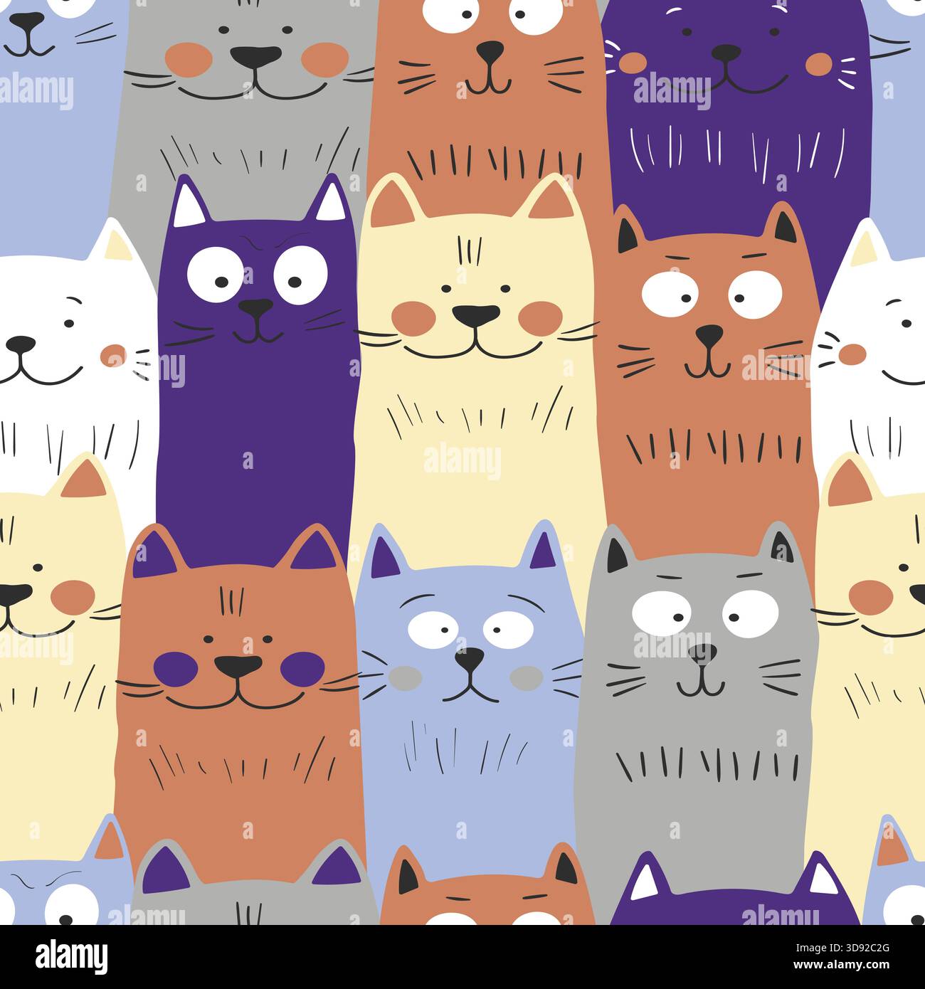 Nahtloses Muster mit niedlichem Kätzchen-Print. Verschiedene skandalösen Katzen auf farbigem Hintergrund. Skandinavische Illustration für Kinder. Vektorgrafik für Stock Vektor