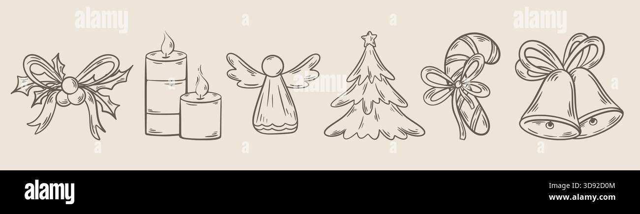 Set mit Vintage-Weihnachtsillustrationen. Niedliche handgezeichnete Kompositionen für Silvesterferien. Einfarbig eingravierte Tannenzeichnungen im Retro-Stil Stock Vektor