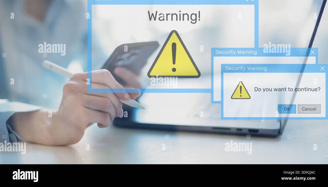 Auf der digitalen Schnittstelle mit Risikowarnsymbolen angezeigte Sicherheitswarnbenachrichtigungen. Stockfoto