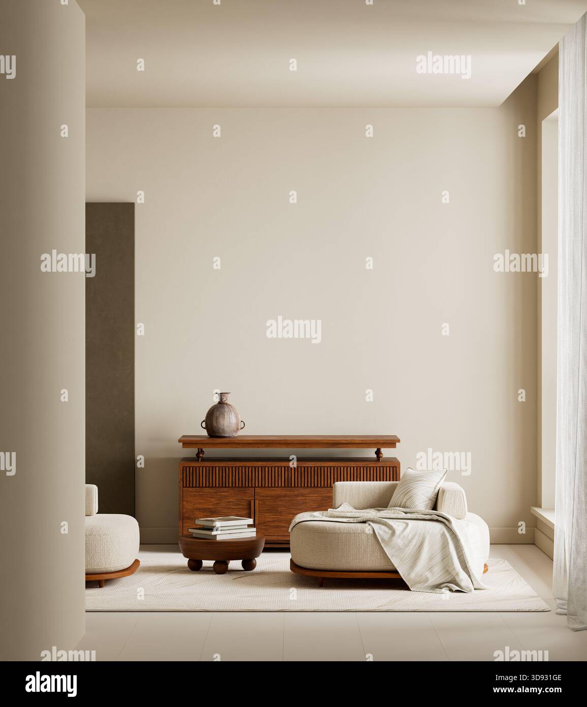 Ruhiges, luftiges Interieur mit negativem Raum, neutralen Farben, weichen Stoffen und strukturierten Wänden schaffen ein beruhigendes modernes, minimalistisches 3D-Wohnzimmer Stockfoto