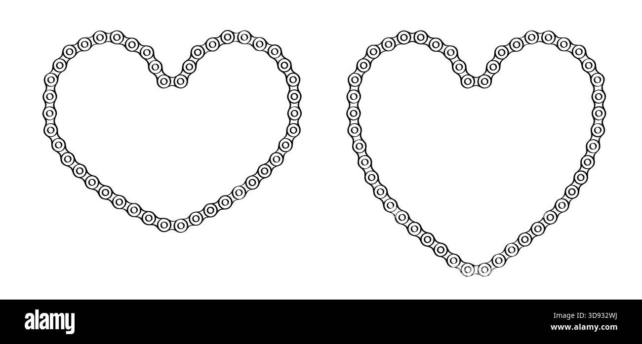 Herz, geliebte Ikone. Cartoon-Silhouette der Kette für Fahrrad oder Fahrrad. Zyklisches Linienmuster. Symbol für Kettenglieder des Motorrads. Fahrradketten. Für 14 fe Stockfoto