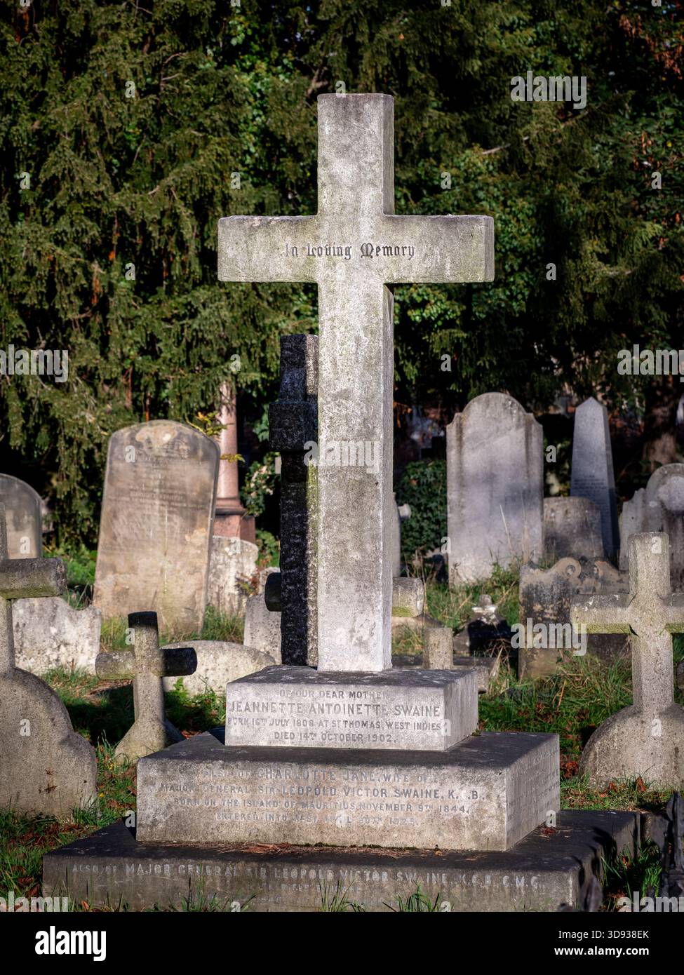 Das Steinkreuz-Denkmal für Major General Leopold Victor Swaine und seine Familie auf dem Brompton Cemetery, London. Stockfoto
