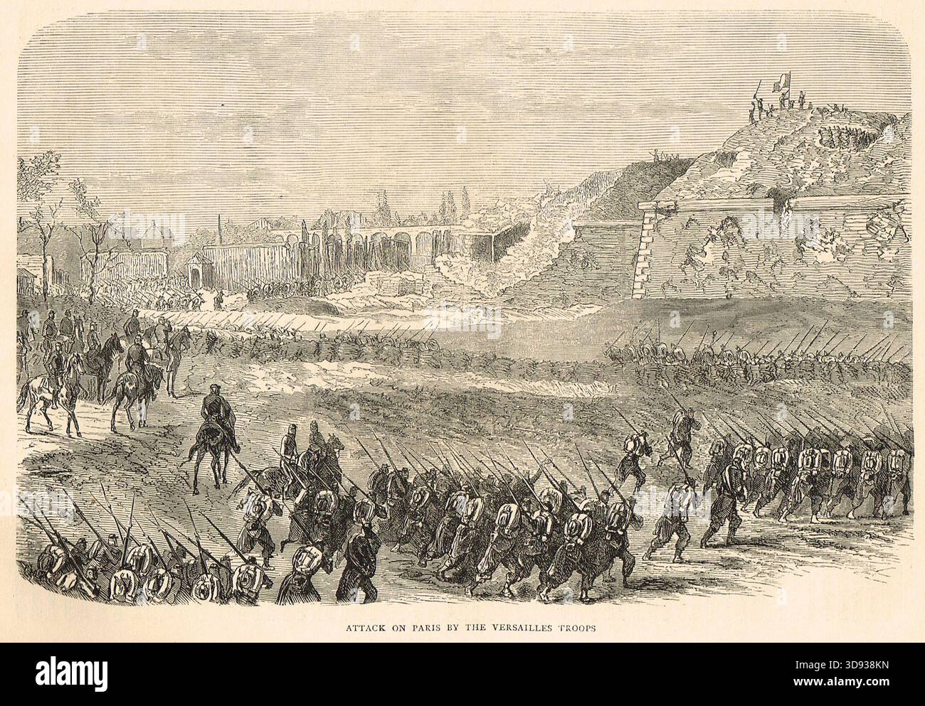 Angriff auf Paris durch die Truppen von Versailles. Die französische Nationalarmee unterdrückte die Kommune während der am 21. Mai 1871 beginnenden semaine sanglante („blutige Woche“). Stockfoto