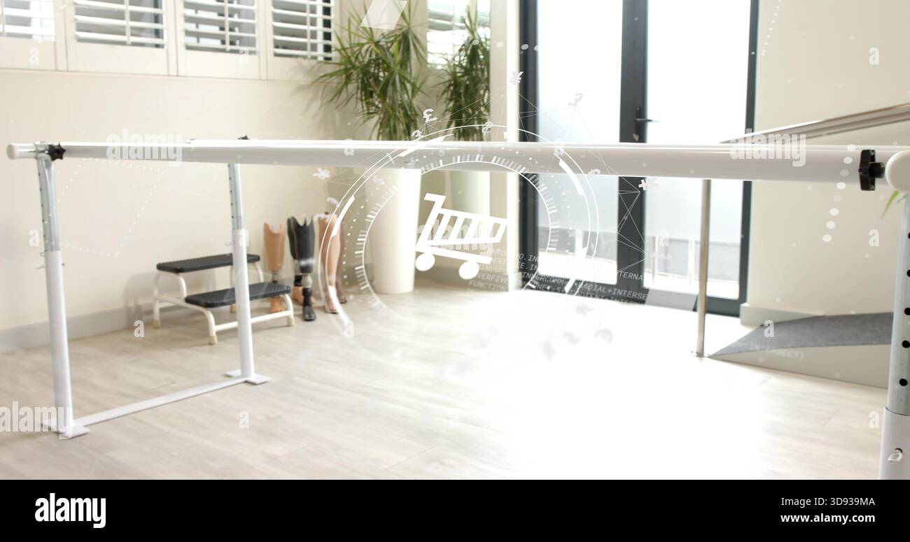 Über weiße, verstellbare, parallele Gangstangen im Therapieraum mit Prothesen, HUD-Wagen Stockfoto