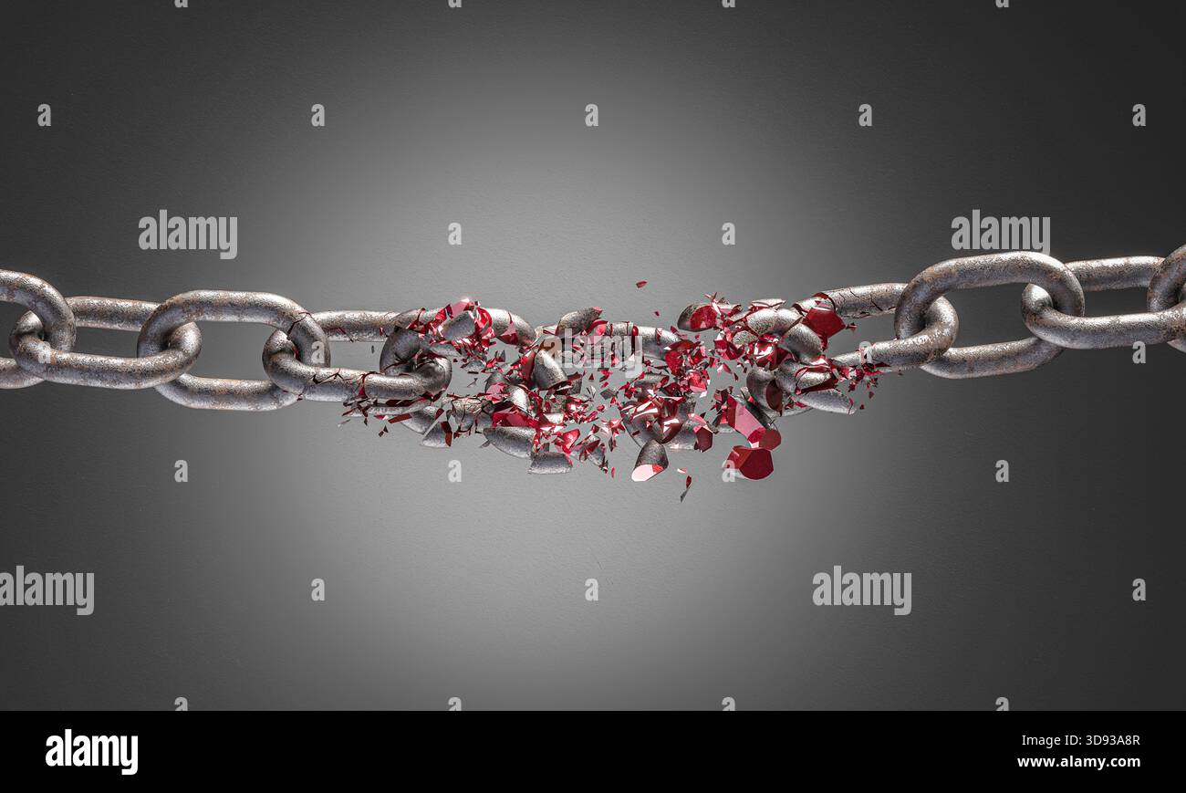 Metallkette bricht rote Bruchstücke 3d Stockfoto