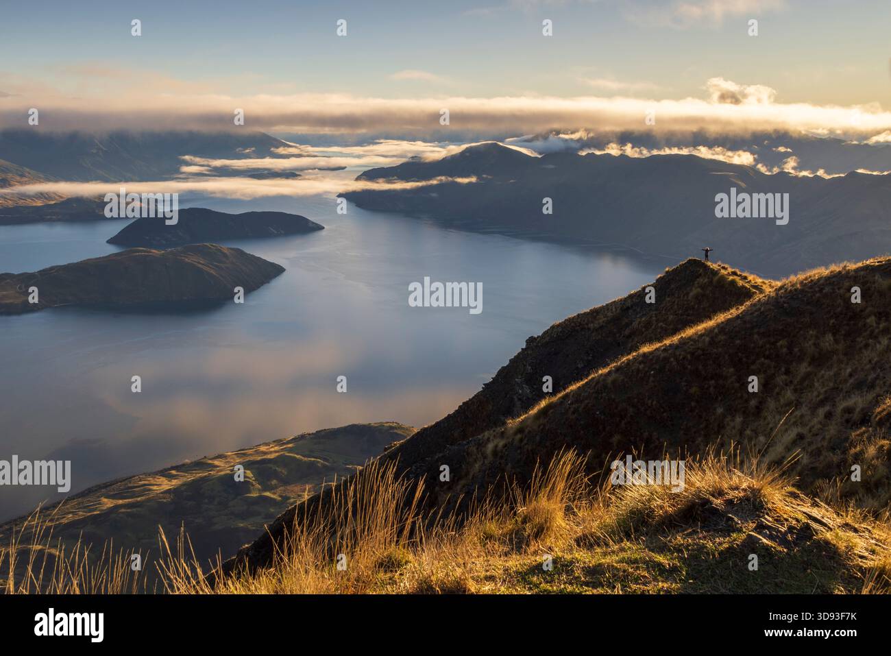 Frau, die bei Sonnenaufgang auf dem Gipfel des Coromandel Peak steht, mit Blick auf Lake Wanaka, Otago, Südinsel, Neuseeland. Herbst (Mai) 2025. Stockfoto
