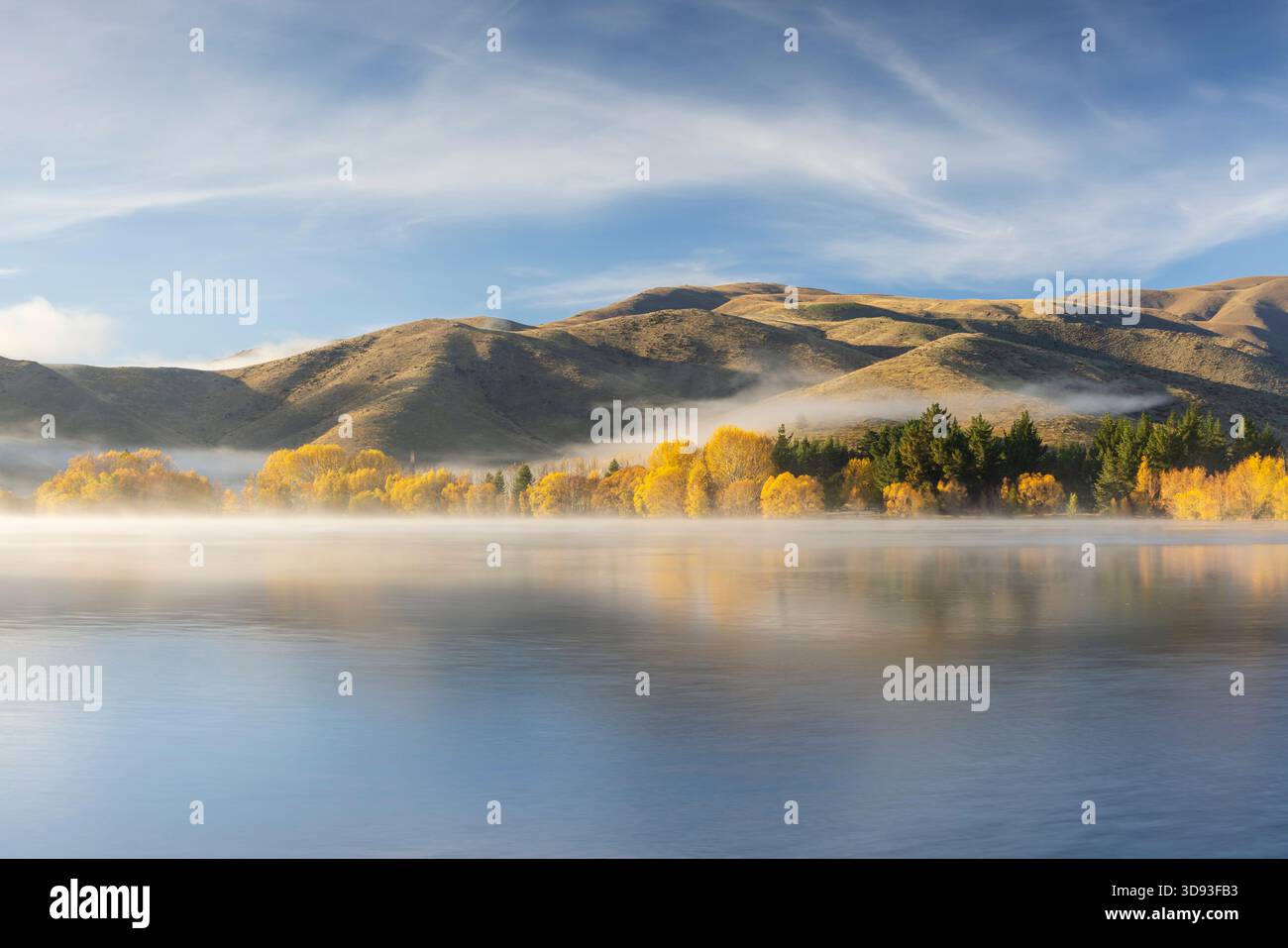 Spektakuläre herbstliche Farben am Ufer von Wairepo Arm in der Nähe von Twizel auf Südinsel, Neuseeland. Herbst (Mai) 2025. Stockfoto