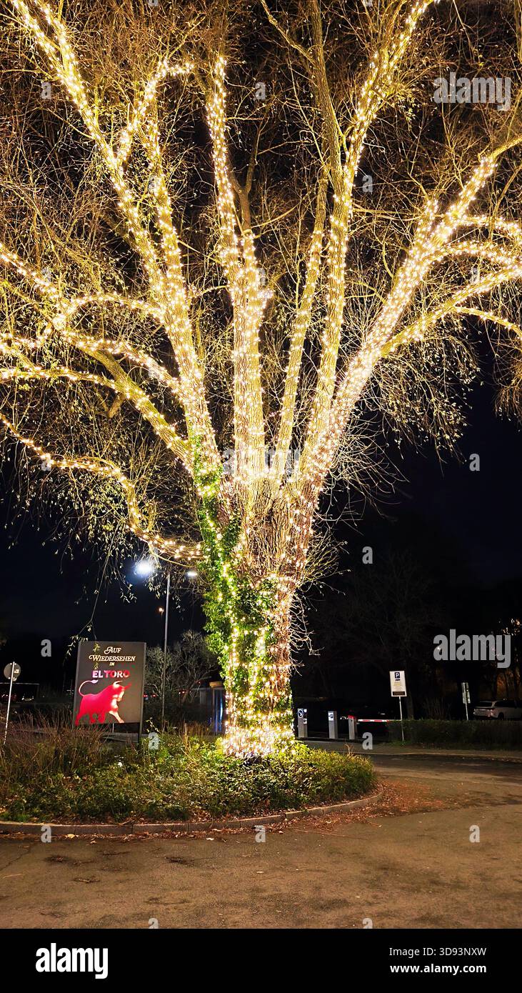 ISERLOHN, DEUTSCHLAND – 27. NOVEMBER 2025: Großer Weihnachtsbaum mit Lichtern und Girlanden vor dem Restaurant El Toro Stockfoto
