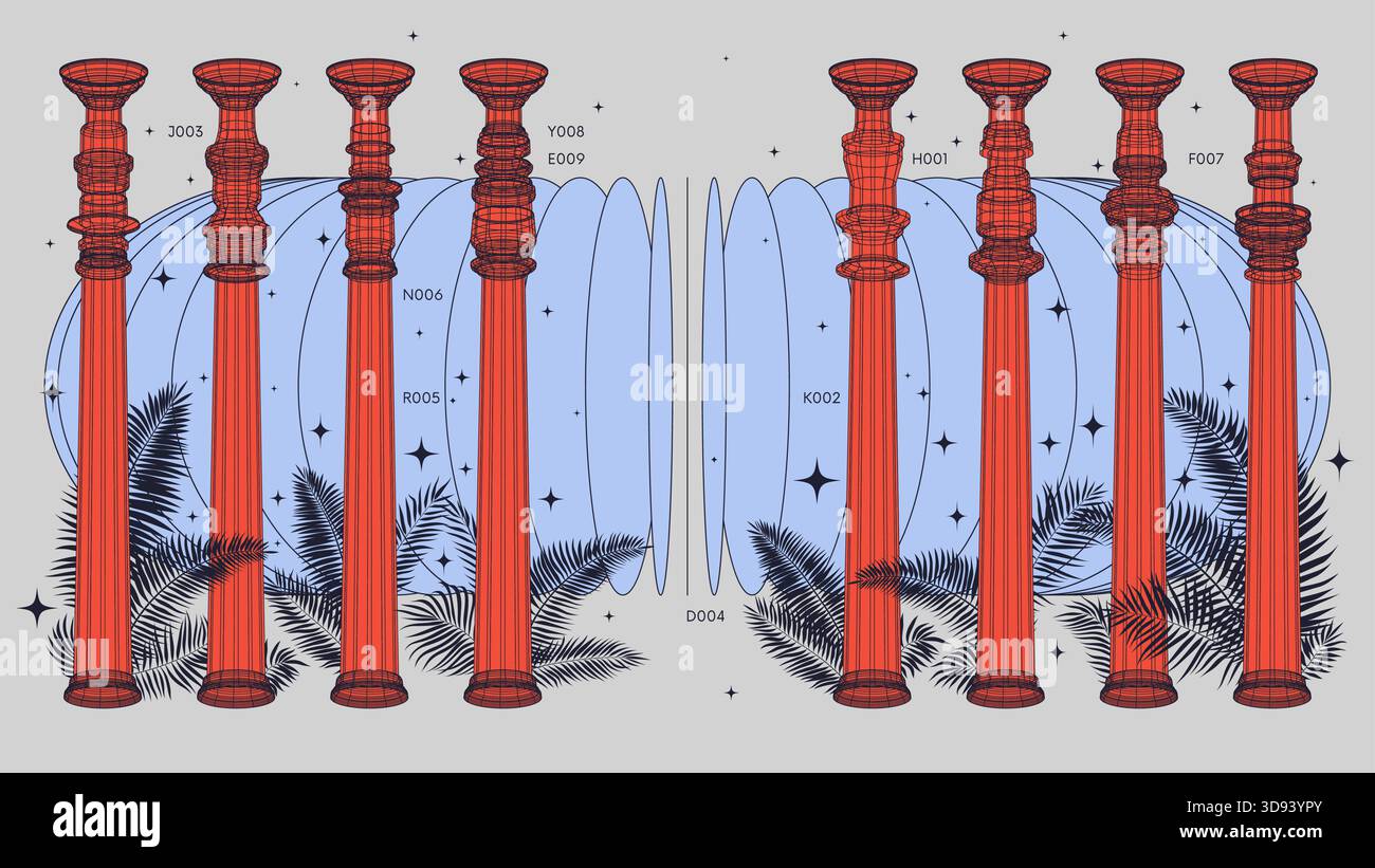 Abstrakter Hintergrund mit verschiedenen roten 3D-Drahtmodellsäulen, Kolonnade unter tropischen Blättern, Grafik der geometrischen Formen moderner Design-Vektor bunt Stock Vektor