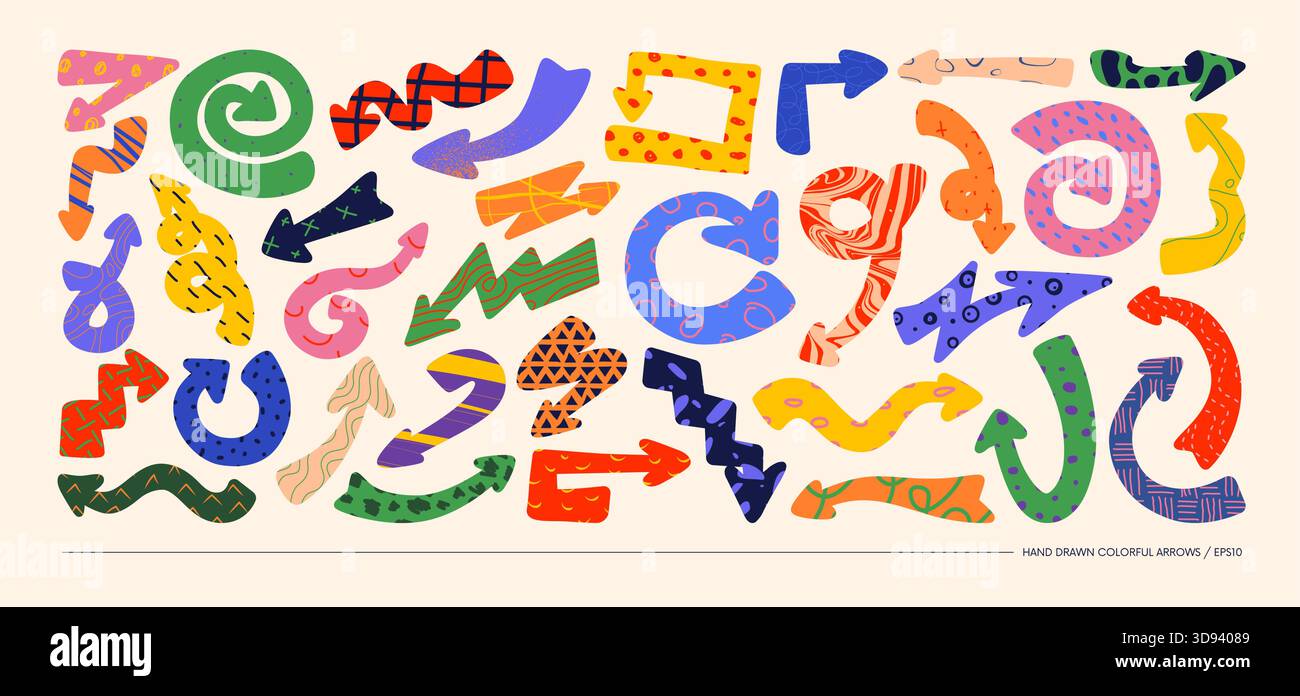 Sammlung minimalistischer bizarrer Zeichentrickpfeile, handgefertigt mit verschiedenen Texturen im matisse-Kunststil, Vektor-ungewöhnliche Zeiger Stock Vektor