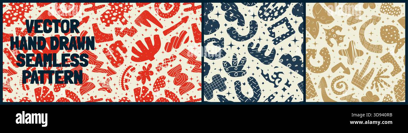 Nahtloses Muster mit bizarren abstrakten geometrischen ungewöhnlichen Formen und Formen mit verschiedenen Texturen im matisse-Stil, handgezeichnete naive Wandkunst Vektor Stock Vektor