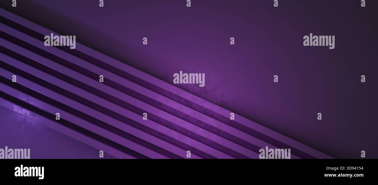 Abstraktes 3D-Rendering mit diagonalen architektonischen Linien und einer glatten Oberfläche in tiefem, strukturiertem Lila. Dieser minimalistische, großformatige Hintergrund verwendet weiche Stockfoto