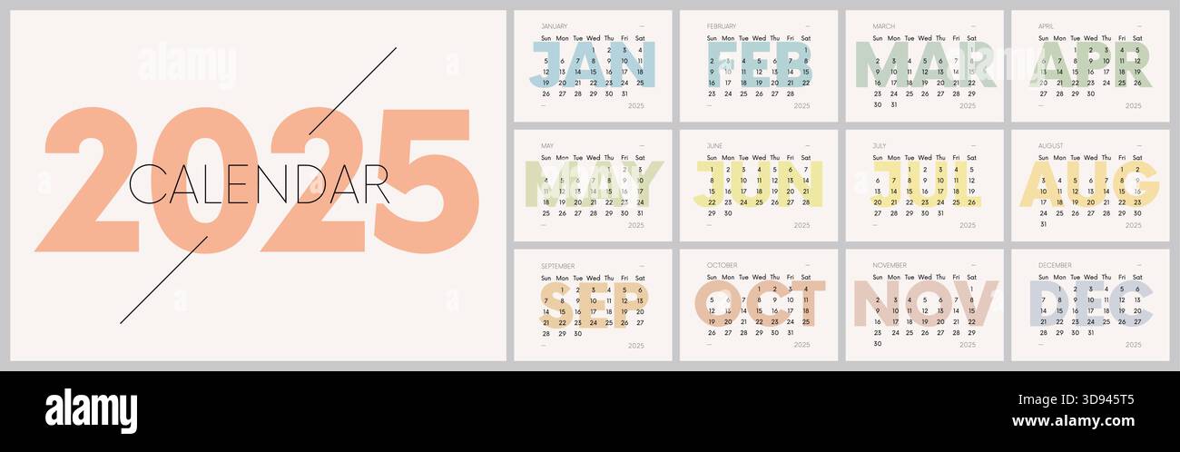 Minimalistischer monatlicher Vektorkalender 2025 mit Wochenbeginn Sonntag, 12 Seiten mit farbigen Monaten, Arbeits- oder Geschäftsplanerraster in horizontaler Ausführung, EN Stock Vektor
