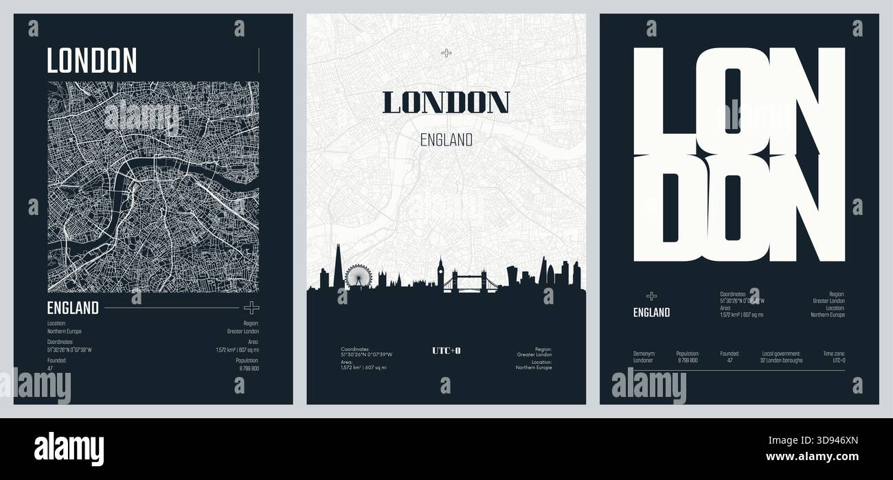 Reiseposter mit London, detaillierter Stadtplan, Silhouette-Skyline, Vektorgrafik, Set 2 Stock Vektor