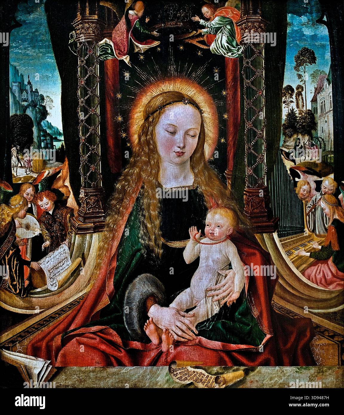 Meister des Aachener Altars, Madonna und Kind mit Engeln, die Instrumente spielen. 1480 - 1520 Deutschland ( Maria mit Kind und Engel spielend Musik (ca. 1515) 'Öl auf Eichenplatte, 53,7 x 47,1 cm' [Alte Pinakothek, München] -- Meister des Aachener Altars (aktiv ca. 1480 - 1520) die Gottesmutter thront mit dem Jesuskind hinter einer Steinbrüstung. Links und rechts vom Thron, der von Kristallsäulen umrahmt wird, die in Goldketten gehüllt sind, singen und musizieren Engel, im Hintergrund sind Szenen aus der Legende zu sehen. ( Alte Pinakothek München, Deutschland ) Stockfoto