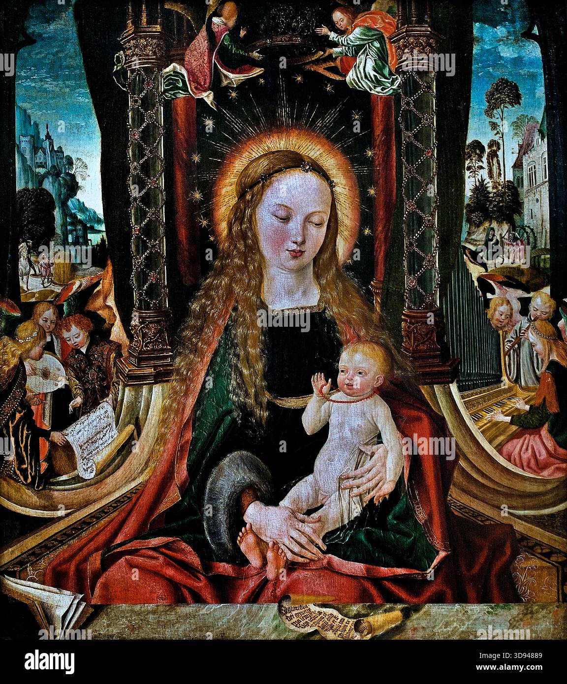 Meister des Aachener Altars, Madonna und Kind mit Engeln, die Instrumente spielen. 1480 - 1520 Deutschland ( Maria mit Kind und Engel spielend Musik (ca. 1515) 'Öl auf Eichenplatte, 53,7 x 47,1 cm' [Alte Pinakothek, München] -- Meister des Aachener Altars (aktiv ca. 1480 - 1520) die Gottesmutter thront mit dem Jesuskind hinter einer Steinbrüstung. Links und rechts vom Thron, der von Kristallsäulen umrahmt wird, die in Goldketten gehüllt sind, singen und musizieren Engel, im Hintergrund sind Szenen aus der Legende zu sehen. ( Alte Pinakothek München, Deutschland ) Stockfoto