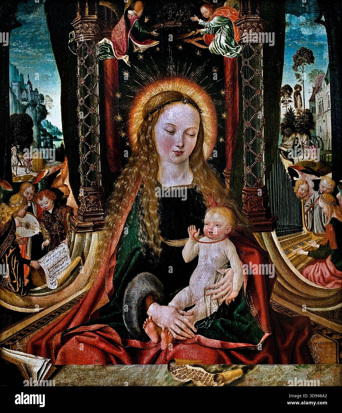 Meister des Aachener Altars, Madonna und Kind mit Engeln, die Instrumente spielen. 1480 - 1520 Deutschland ( Maria mit Kind und Engel spielend Musik (ca. 1515) 'Öl auf Eichenplatte, 53,7 x 47,1 cm' [Alte Pinakothek, München] -- Meister des Aachener Altars (aktiv ca. 1480 - 1520) die Gottesmutter thront mit dem Jesuskind hinter einer Steinbrüstung. Links und rechts vom Thron, der von Kristallsäulen umrahmt wird, die in Goldketten gehüllt sind, singen und musizieren Engel, im Hintergrund sind Szenen aus der Legende zu sehen. ( Alte Pinakothek München, Deutschland ) Stockfoto