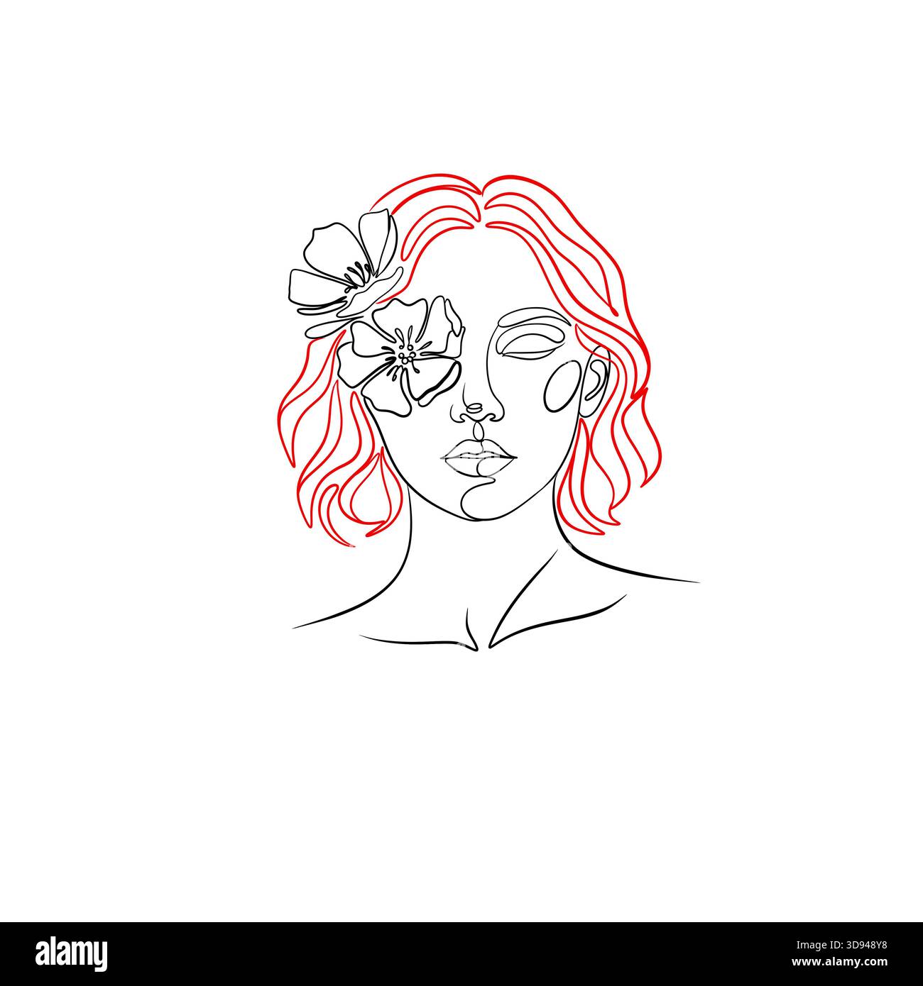 Minimalistisches, durchgehendes Frauenporträt mit Blumen und roten Akzenten Stockfoto