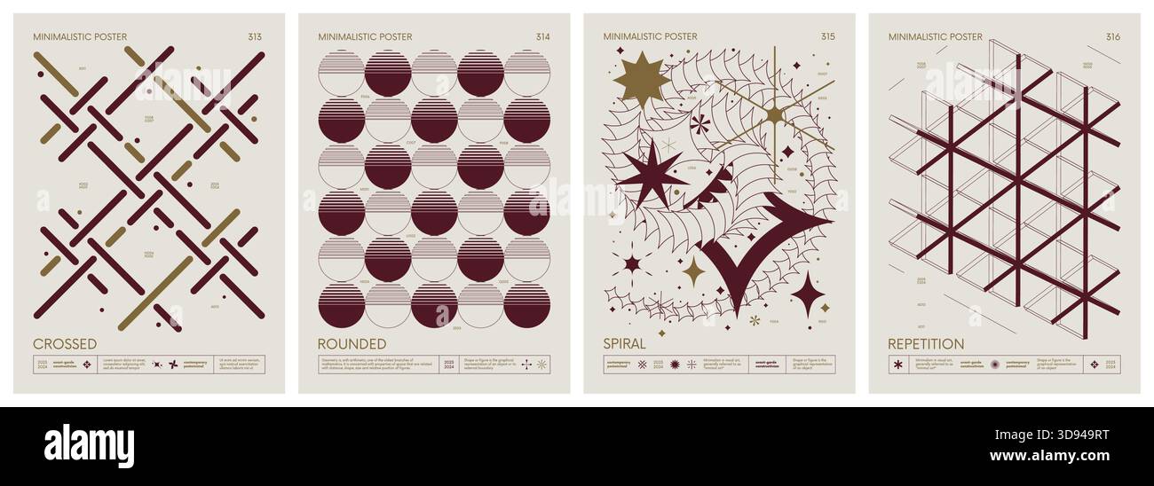 Minimalistische Plakate im brutalistischen Stil mit Silhouetten-Grundfiguren, futuristischen Retro-Grafikelementen geometrischer Formen, schwärmt Komposition, Mod Stock Vektor