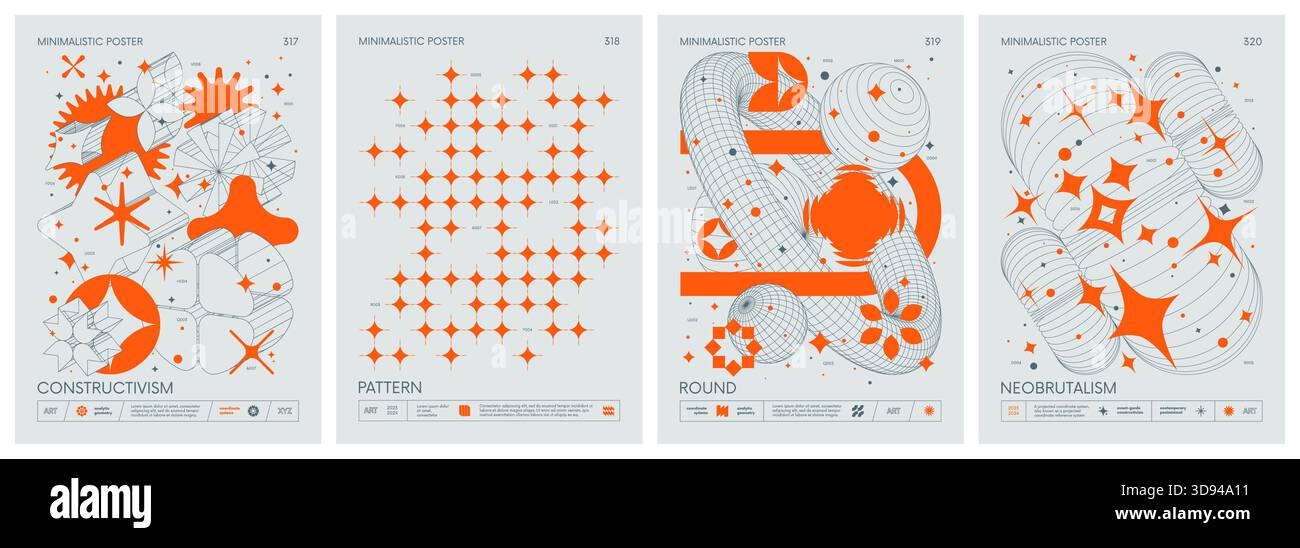 Minimalistische Plakate im brutalistischen Stil mit Silhouetten-Grundfiguren, futuristischen Retro-Grafikelementen geometrischer Formen, schwärmt Komposition, Mod Stock Vektor