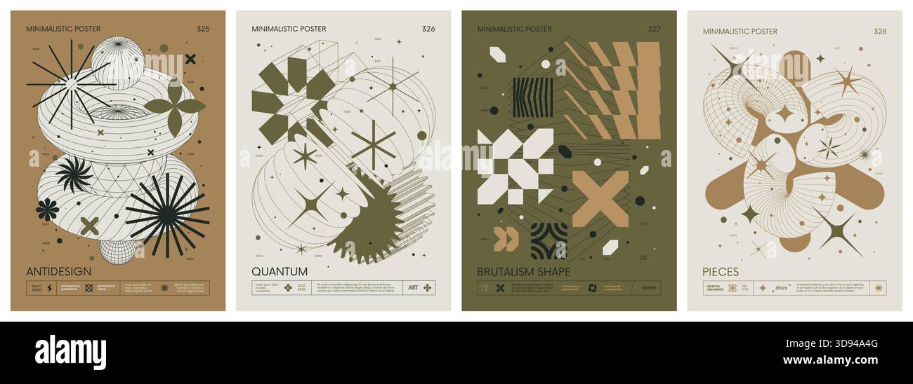 Minimalistische Plakate im brutalistischen Stil mit Silhouetten-Grundfiguren, futuristischen Retro-Grafikelementen geometrischer Formen, schwärmt Komposition, Mod Stock Vektor