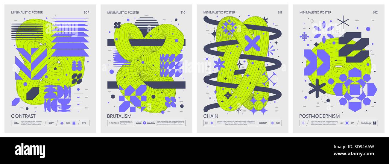 Minimalistische Plakate im brutalistischen Stil mit Silhouetten-Grundfiguren, futuristischen Retro-Grafikelementen geometrischer Formen, schwärmt Komposition, Mod Stock Vektor